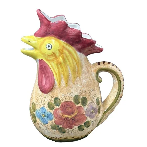 Floral Ceramic Rooster Pitcher made in Orvieto Italy 10.5 Inches Tall - Picture 2 of 6